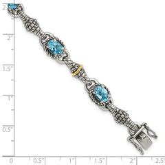 Shey Couture Sterling Silver with 14K Accent 7.25 Inch Antiqued Oval Swiss Blue Topaz Bracelet QTC407