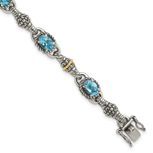 Shey Couture Sterling Silver with 14K Accent 7.25 Inch Antiqued Oval Swiss Blue Topaz Bracelet QTC407