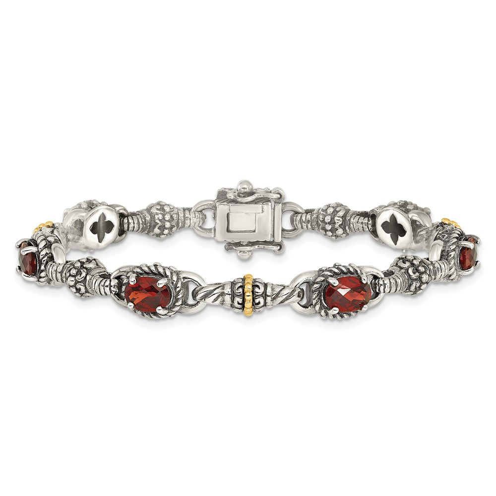 Shey Couture Sterling Silver with 14K Accent Antiqued Oval Garnet 7.25 inch Bracelet QTC409