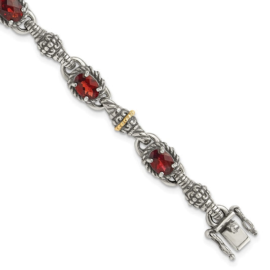 Shey Couture Sterling Silver with 14K Accent Antiqued Oval Garnet 7.25 inch Bracelet QTC409