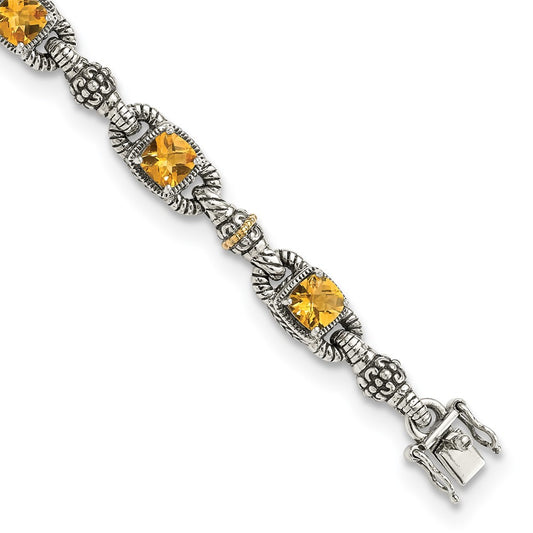 Shey Couture Sterling Silver with 14K Accent 7.25 Inch Antiqued Cushion Citrine Bracelet QTC414