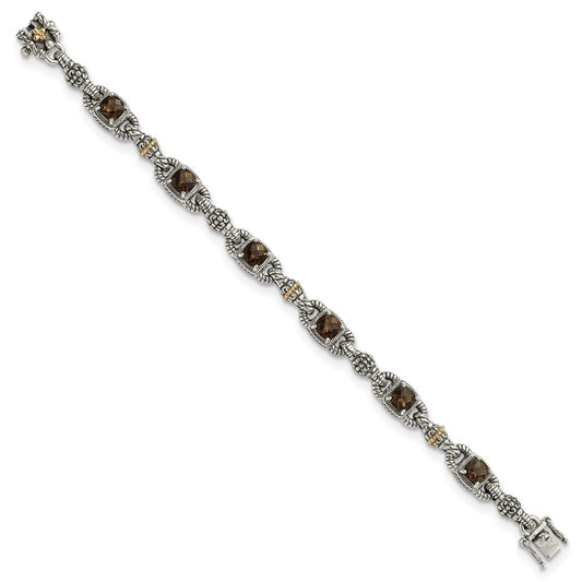 Shey Couture Sterling Silver with 14K Accent 7.25 Inch Antiqued Cushion Checkerboard Smoky Quartz Bracelet QTC417