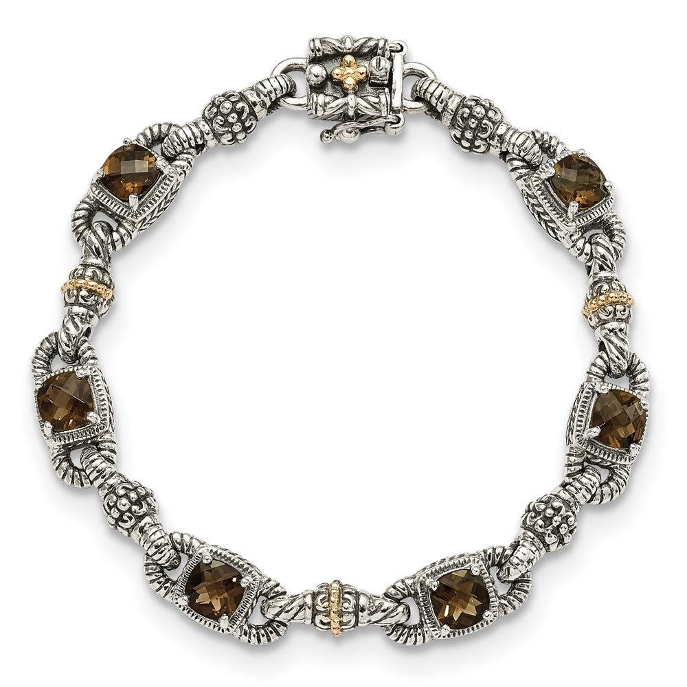 Shey Couture Sterling Silver with 14K Accent 7.25 Inch Antiqued Cushion Checkerboard Smoky Quartz Bracelet QTC417