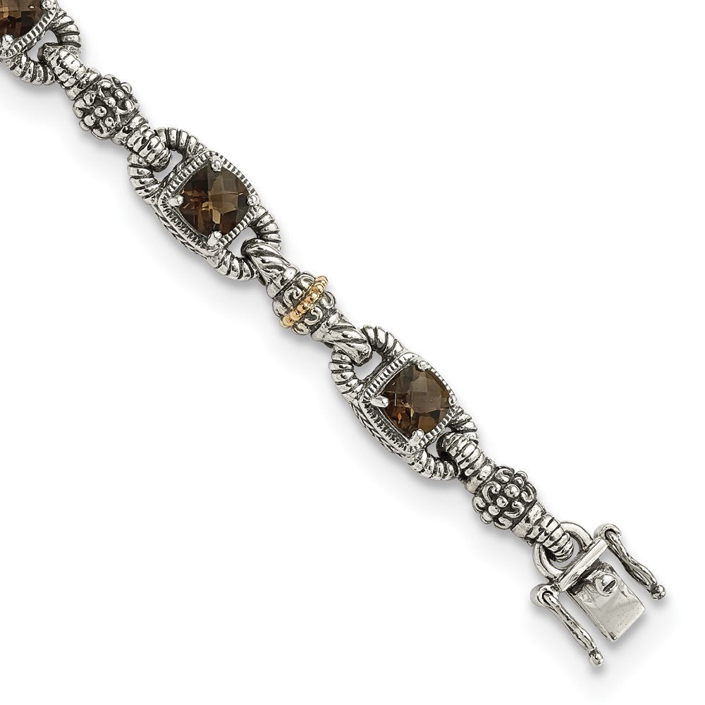 Shey Couture Sterling Silver with 14K Accent 7.25 Inch Antiqued Cushion Checkerboard Smoky Quartz Bracelet QTC417