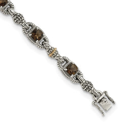 Shey Couture Sterling Silver with 14K Accent 7.25 Inch Antiqued Cushion Checkerboard Smoky Quartz Bracelet QTC417