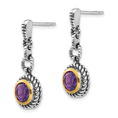 QTC42 Shey Couture Sterling Silver Gold-tone Flash Gold-plated Antiqued Round Bezel Amethyst Post Dangle Earrings