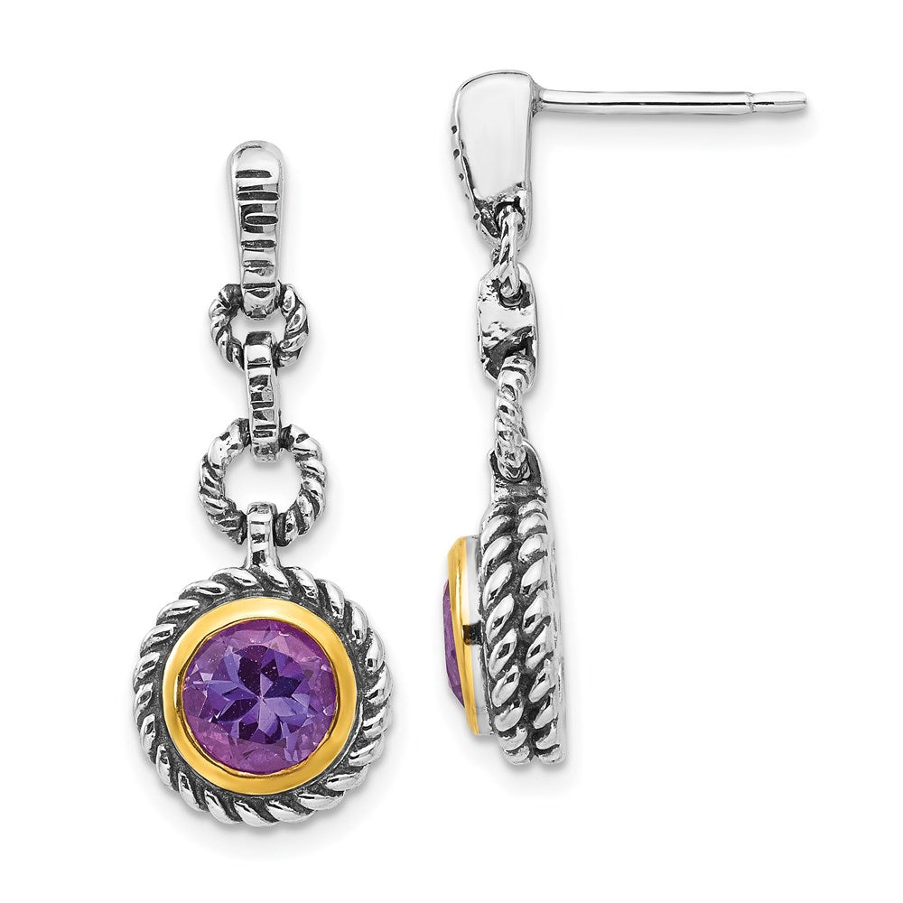 QTC42 Shey Couture Sterling Silver Gold-tone Flash Gold-plated Antiqued Round Bezel Amethyst Post Dangle Earrings