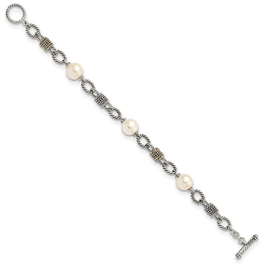 Shey Couture Sterling Silver with 14K Accent 7.5 Inch Antiqued 10-10.5mm Freshwater Cultured Pearl Bracelet QTC424