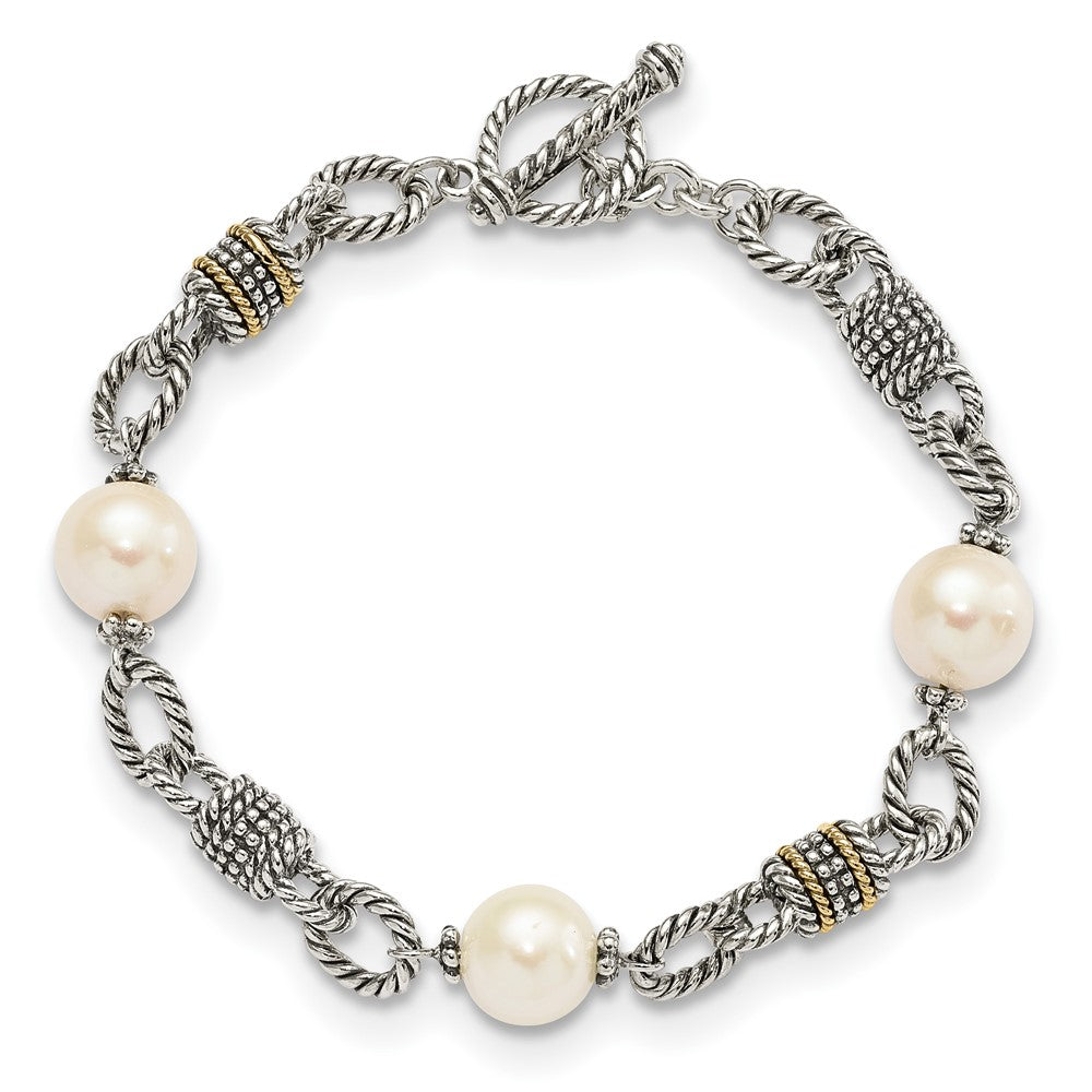 Shey Couture Sterling Silver with 14K Accent 7.5 Inch Antiqued 10-10.5mm Freshwater Cultured Pearl Bracelet QTC424