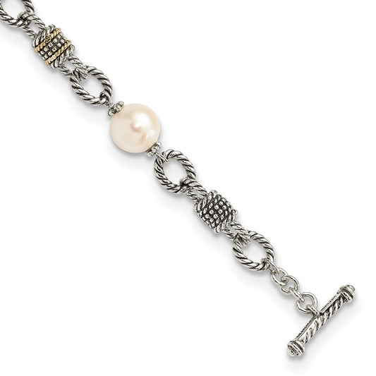 Shey Couture Sterling Silver with 14K Accent 7.5 Inch Antiqued 10-10.5mm Freshwater Cultured Pearl Bracelet QTC424
