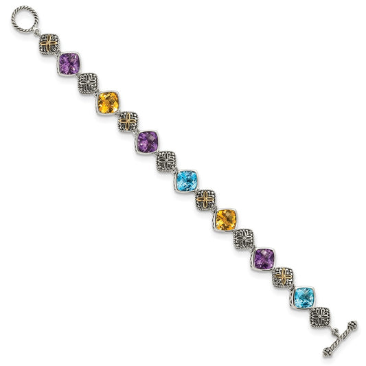 Shey Couture Sterling Silver with 14K Accent 8.25 Inch Antiqued Cushion Bezel 7.95Amethyst/7.1Blue Topaz/5.3Citrine Bracelet QTC442