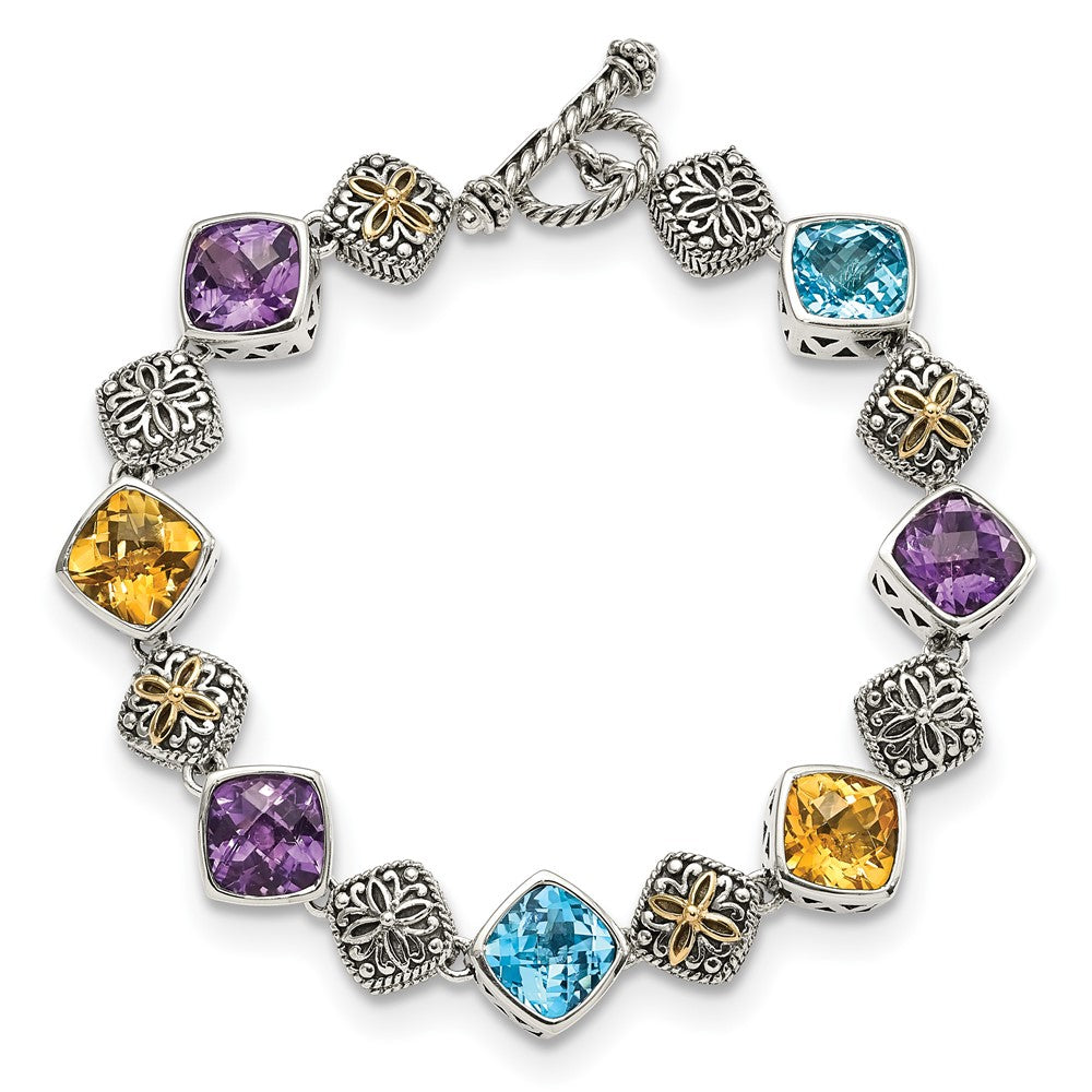 Shey Couture Sterling Silver with 14K Accent 8.25 Inch Antiqued Cushion Bezel 7.95Amethyst/7.1Blue Topaz/5.3Citrine Bracelet QTC442