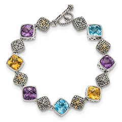 Shey Couture Sterling Silver with 14K Accent 8.25 Inch Antiqued Cushion Bezel 7.95Amethyst/7.1Blue Topaz/5.3Citrine Bracelet QTC442
