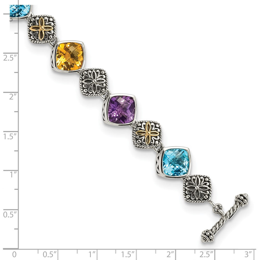 Shey Couture Sterling Silver with 14K Accent 8.25 Inch Antiqued Cushion Bezel 7.95Amethyst/7.1Blue Topaz/5.3Citrine Bracelet QTC442