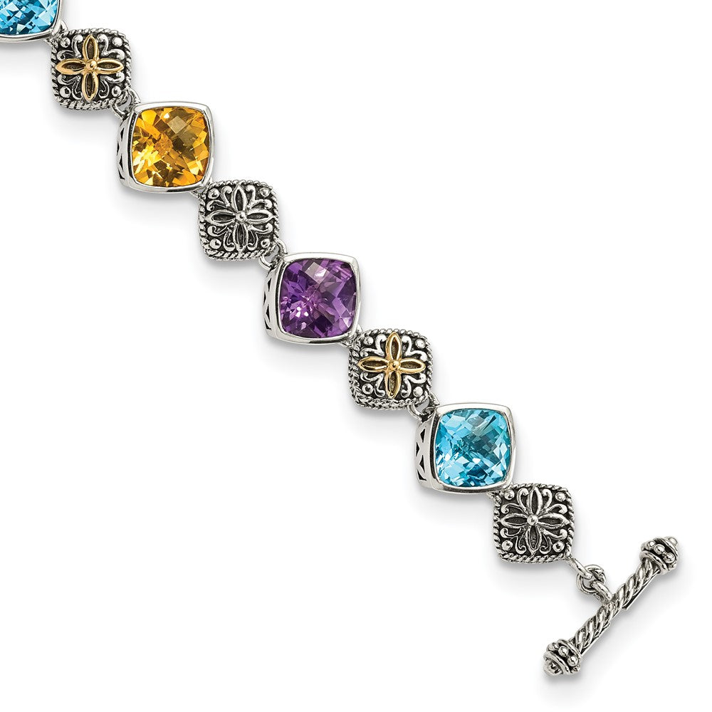 Shey Couture Sterling Silver with 14K Accent 8.25 Inch Antiqued Cushion Bezel 7.95Amethyst/7.1Blue Topaz/5.3Citrine Bracelet QTC442