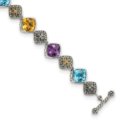 Shey Couture Sterling Silver with 14K Accent 8.25 Inch Antiqued Cushion Bezel 7.95Amethyst/7.1Blue Topaz/5.3Citrine Bracelet QTC442