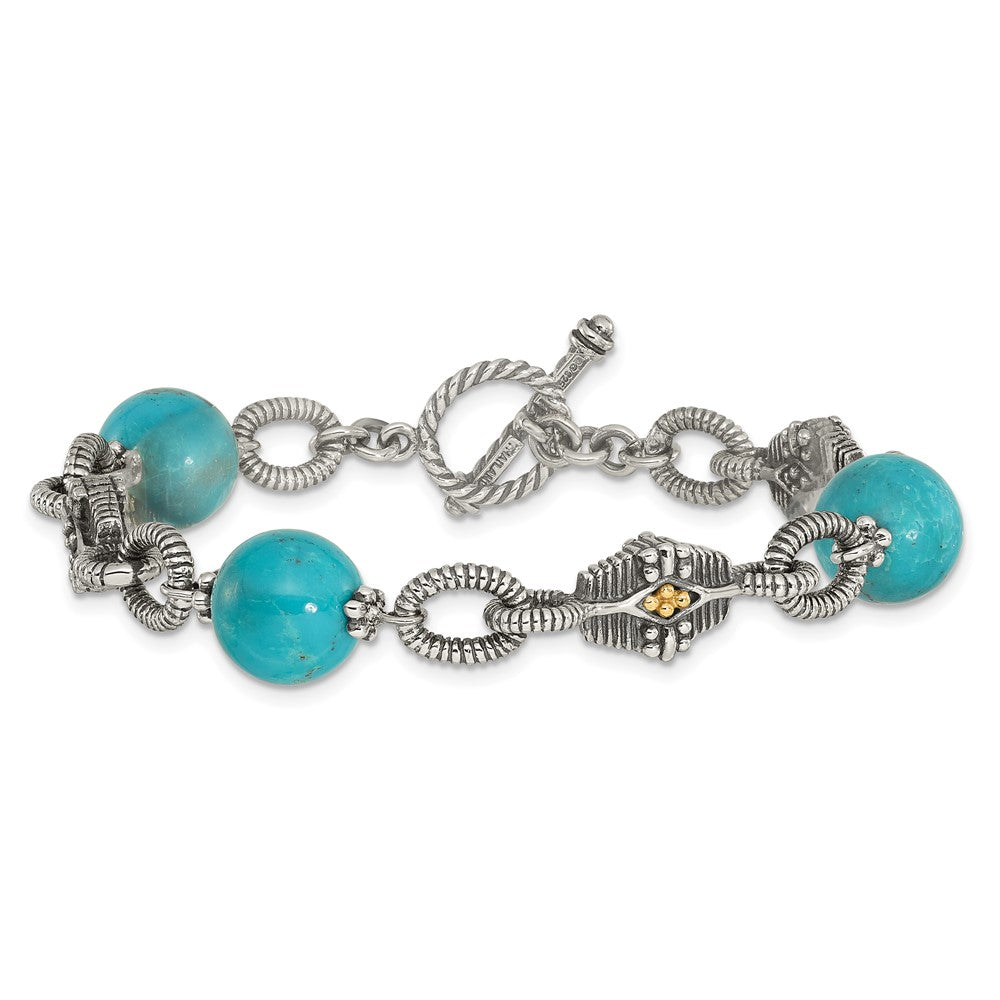 Shey Couture Sterling Silver with 14K Accent 7.25 Inch Antiqued Reconstructed Turquoise Bracelet QTC451