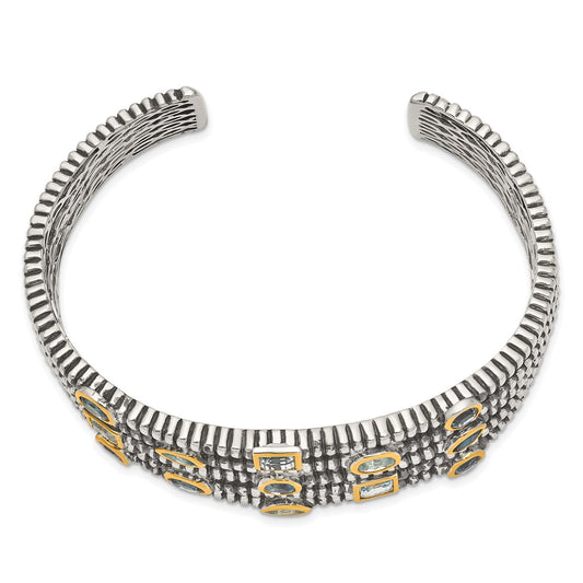 Shey Couture Sterling Silver Gold-tone Flash Gold-plated Antiqued Bezel Sky Blue Swiss and London Blue Topaz Cuff Bracelet QTC47