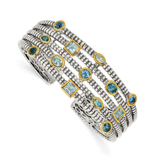 Shey Couture Sterling Silver Gold-tone Flash Gold-plated Antiqued Bezel Sky Blue Swiss and London Blue Topaz Cuff Bracelet QTC47