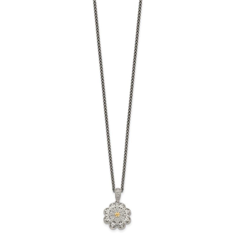 Shey Couture Sterling Silver Antiqued with 14K Accent 18 Inch Diamond Vintage Flower Necklace QTC519
