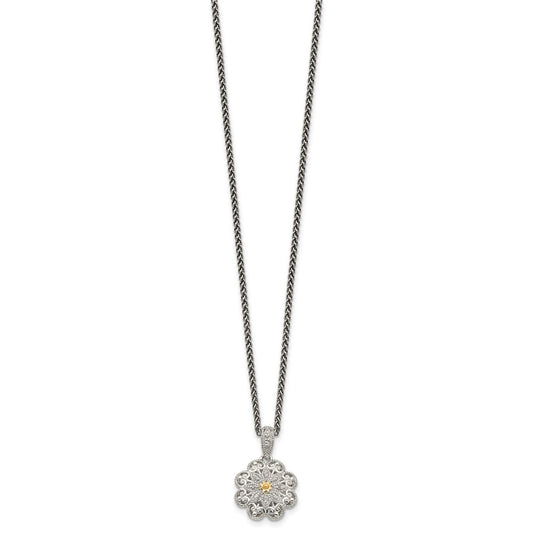 Shey Couture Sterling Silver Antiqued with 14K Accent 18 Inch Diamond Vintage Flower Necklace QTC519