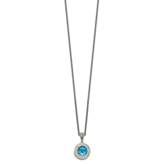 Shey Couture Sterling Silver with 14K Accent 18 Inch Antiqued Round Swiss Blue Topaz and Diamond Necklace QTC52