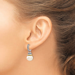 QTC536 Shey Couture Sterling Silver with 14K Accent Antiqued 10mm Freshwater Cultured Pearl Hinged Hoop Dangle Earrings
