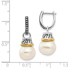 QTC536 Shey Couture Sterling Silver with 14K Accent Antiqued 10mm Freshwater Cultured Pearl Hinged Hoop Dangle Earrings