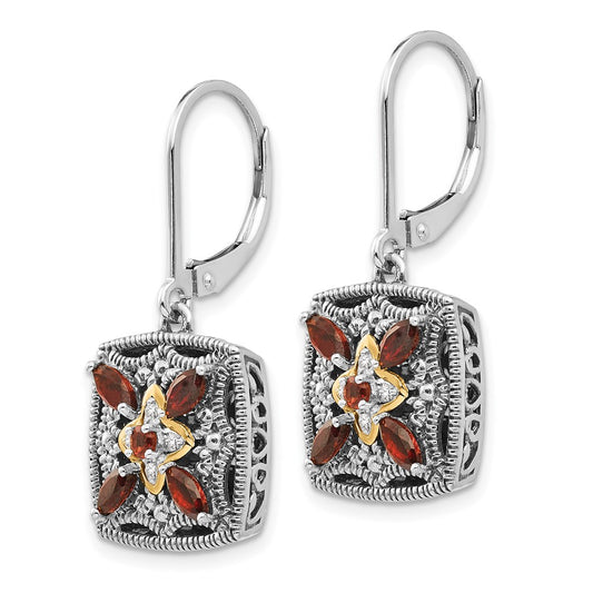 QTC657 Shey Couture Sterling Silver with 14K Accent Antiqued Diamond and Marquise Garnet Leverback Earrings