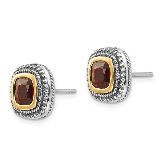 QTC673 Shey Couture Sterling Silver with 14K Accent Antiqued Cushion Bezel Garnet Post Earrings