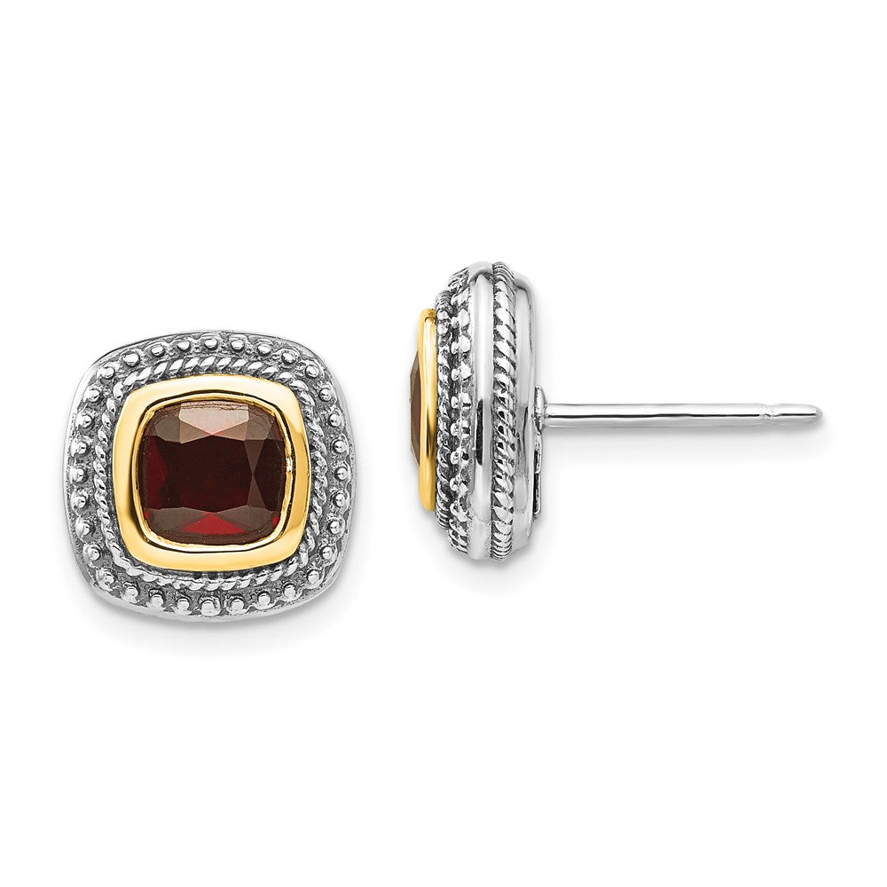 QTC673 Shey Couture Sterling Silver with 14K Accent Antiqued Cushion Bezel Garnet Post Earrings