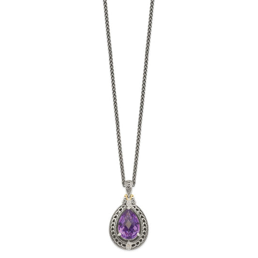 Shey Couture Sterling Silver with 14K Accent 18 Inch Antiqued Diamond and Pear Shaped Amethyst Necklace QTC697
