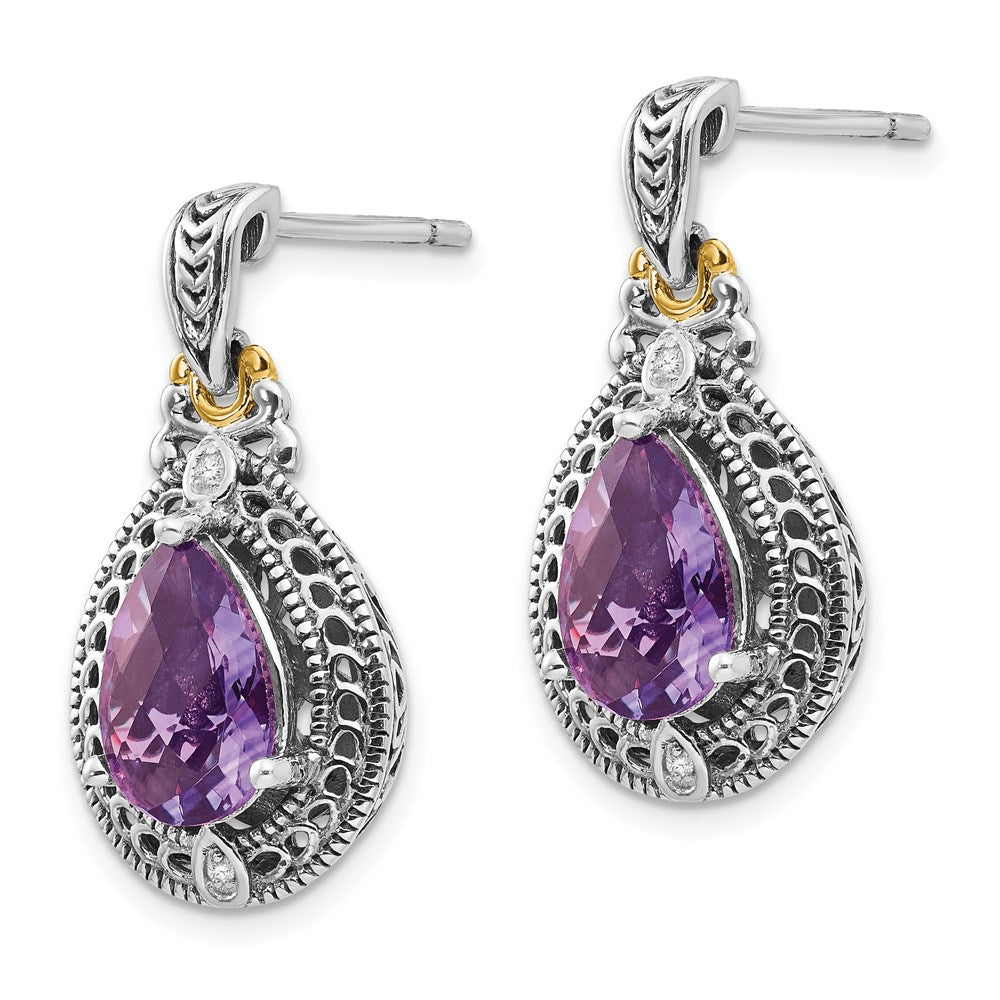 QTC698 Shey Couture Sterling Silver with 14K Accent Antiqued Diamond and Pear Shaped Amethyst Earrings