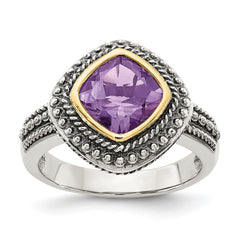 Shey Couture Sterling Silver with 14K Accent Antiqued Cushion Bezel Amethyst Ring