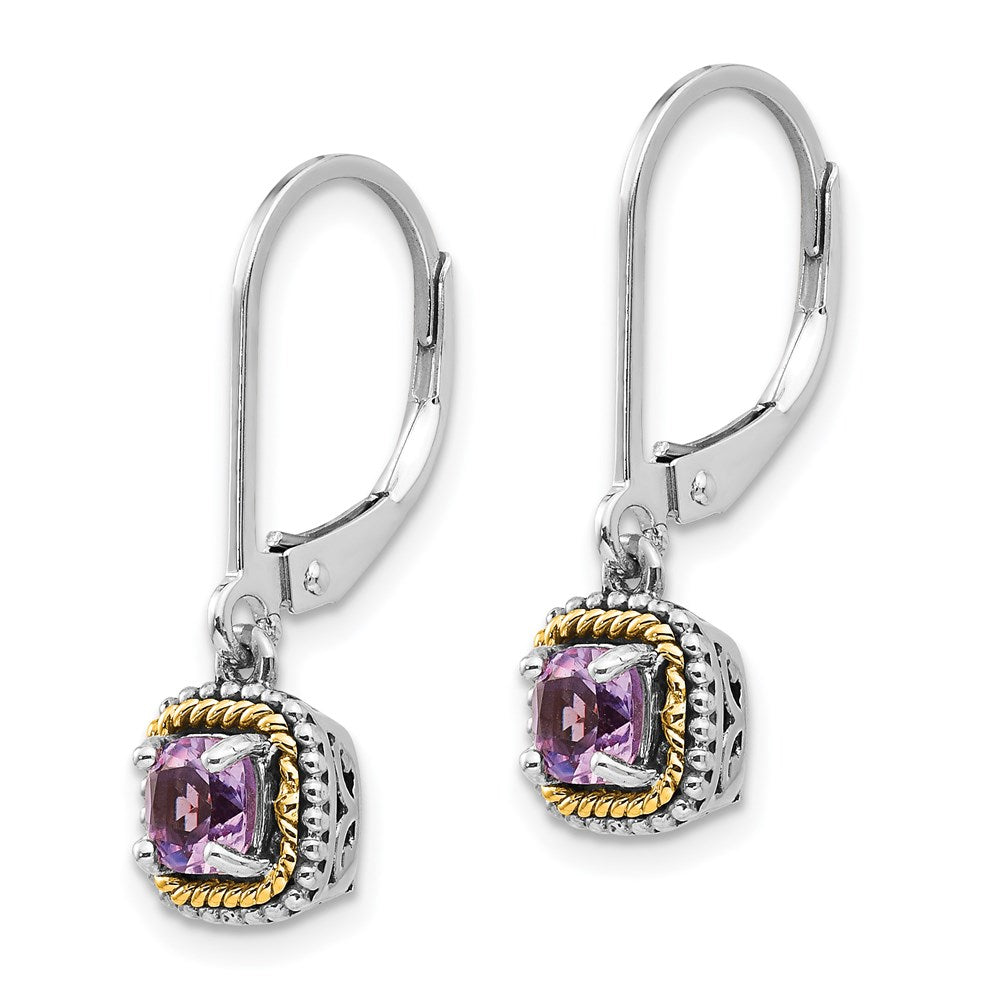 QTC735 Shey Couture Sterling Silver with 14K Accent Antiqued Cushion Amethyst Leverback Dangle Earrings