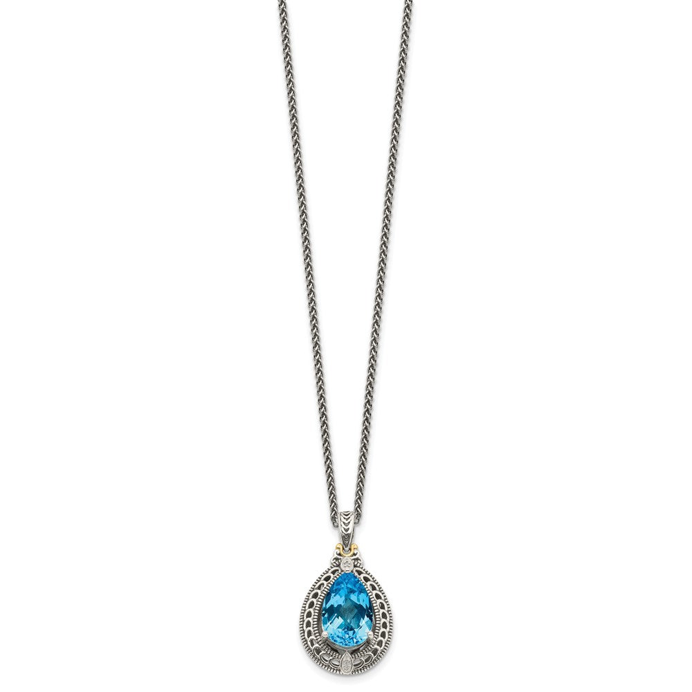 Shey Couture Sterling Silver with 14K Accent 18 Inch Antiqued Diamond and Pear Shaped Blue Topaz Necklace QTC756