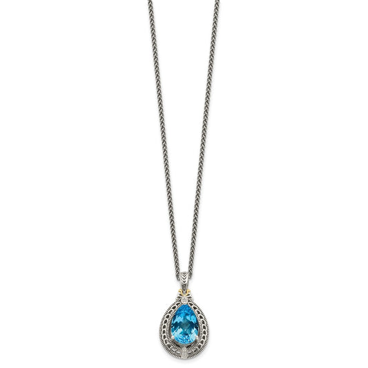 Shey Couture Sterling Silver with 14K Accent 18 Inch Antiqued Diamond and Pear Shaped Blue Topaz Necklace QTC756