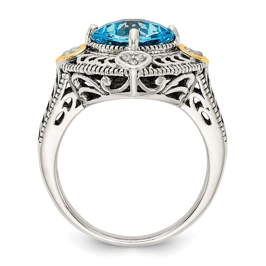 Shey Couture Sterling Silver with 14K Accent Antiqued Diamond and Cushion Blue Topaz Ring