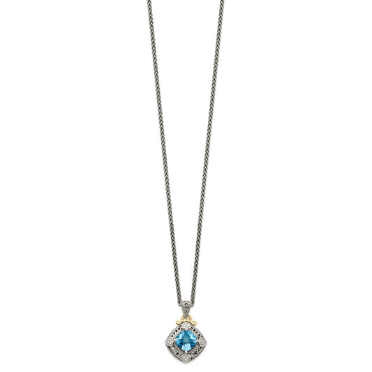 Shey Couture Sterling Silver with 14K Accent 18 Inch Antiqued Diamond and Cushion Blue Topaz Necklace QTC791