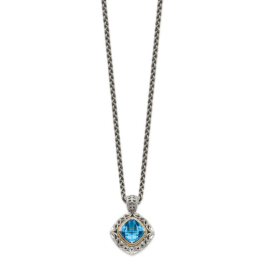 Shey Couture Sterling Silver with 14K Accent 18 Inch Antiqued Cushion Blue Topaz Necklace QTC794