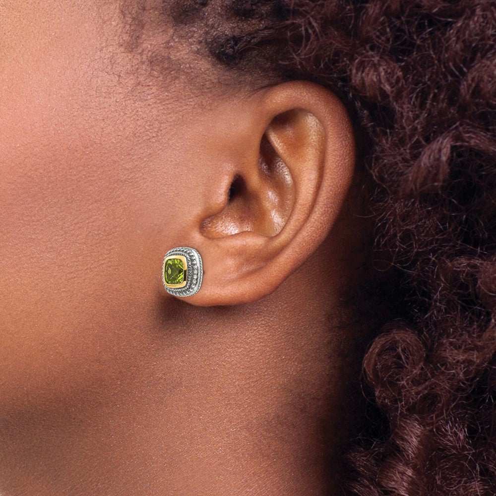 QTC862 Shey Couture Sterling Silver with 14K Accent Antiqued Cushion Bezel Peridot Post Earrings