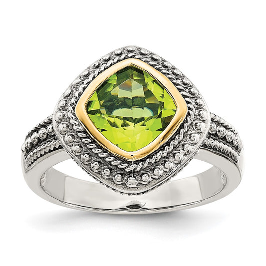 Shey Couture Sterling Silver with 14K Accent Antiqued Cushion Bezel Peridot Ring