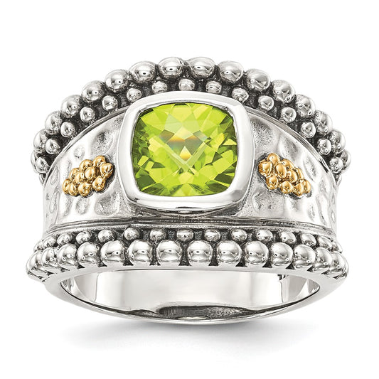 Shey Couture Sterling Silver with 14K Accent Antiqued Cushion Bezel Peridot Ring