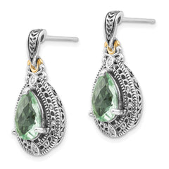 QTC886 Shey Couture Sterling Silver with 14K Accent Antiqued Diamond and Pear Shaped Green Quartz Post Dangle Earrings