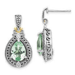 QTC886 Shey Couture Sterling Silver with 14K Accent Antiqued Diamond and Pear Shaped Green Quartz Post Dangle Earrings
