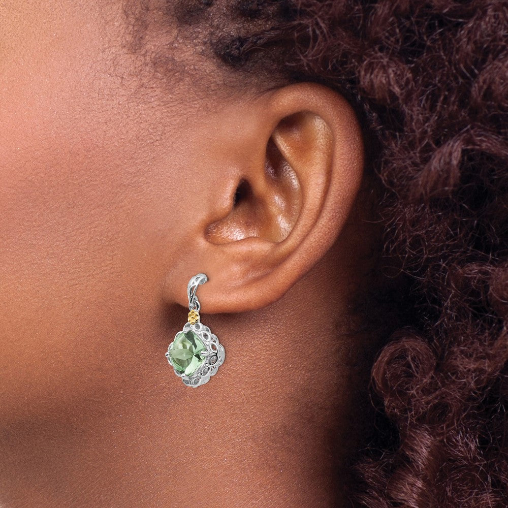 QTC902 Shey Couture Sterling Silver Rhodium-plated with 14K Accent Cushion Green Quartz Post Dangle Earrings