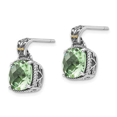 QTC907 Shey Couture Sterling Silver with 14K Accent Antiqued Cushion Green Quartz Post Dangle Earrings