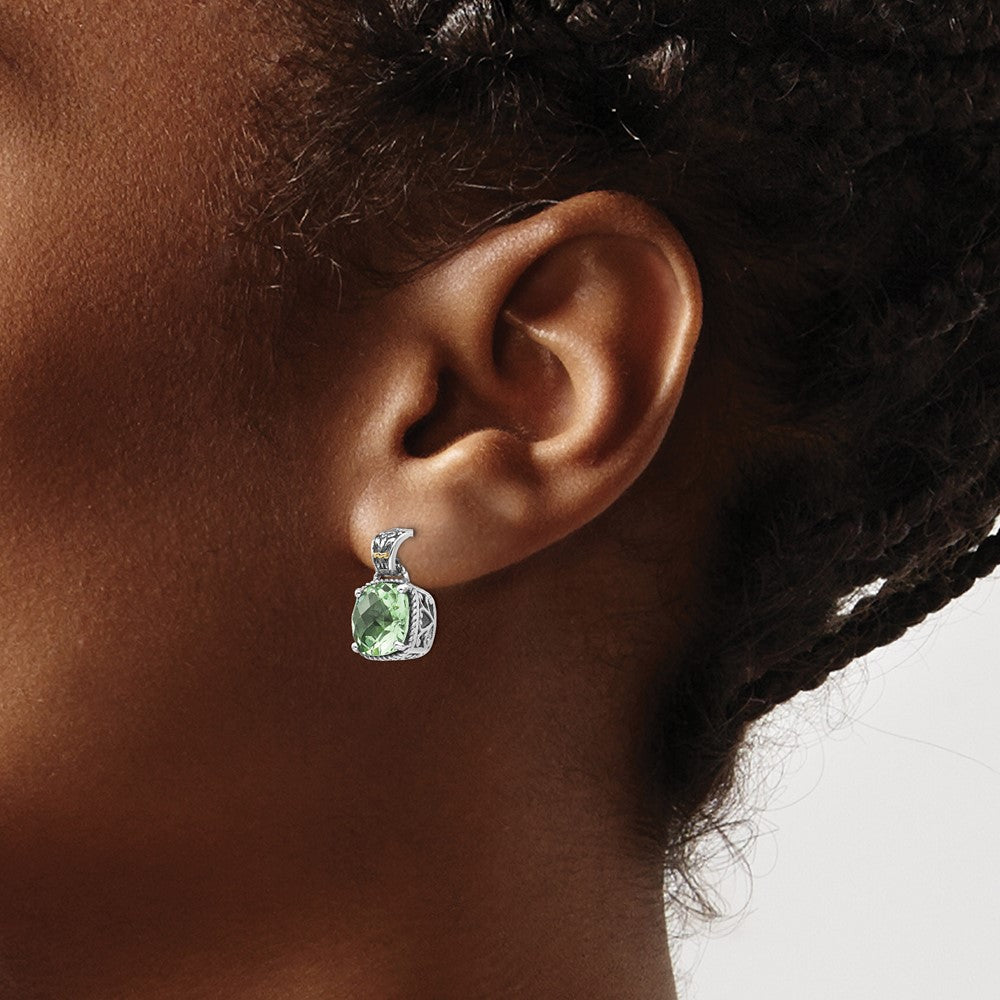 QTC907 Shey Couture Sterling Silver with 14K Accent Antiqued Cushion Green Quartz Post Dangle Earrings