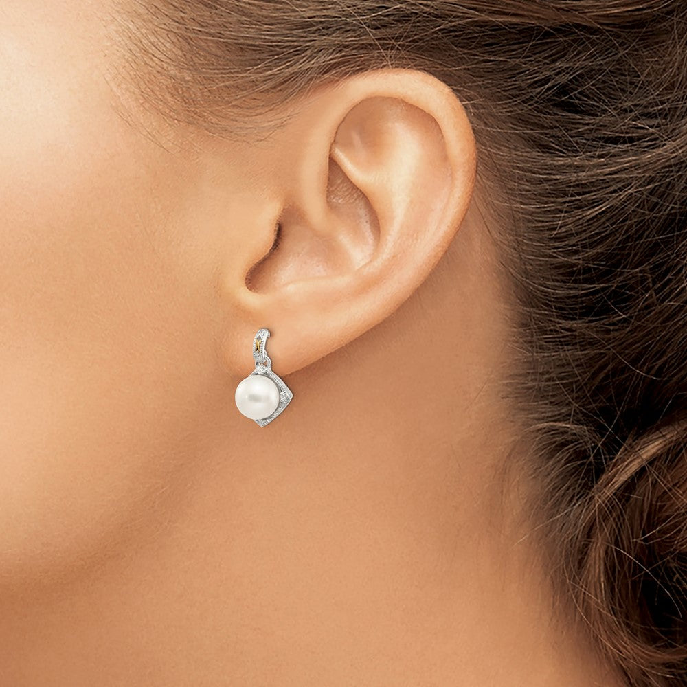 QTC960 Shey Couture Sterling Silver Rhodium-plated with 14K Accent 7.5-8mm Freshwater Cultured Pearl and Diamond Dangle Post Earrings
