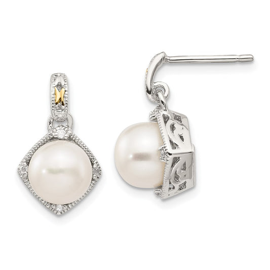 QTC960 Shey Couture Sterling Silver Rhodium-plated with 14K Accent 7.5-8mm Freshwater Cultured Pearl and Diamond Dangle Post Earrings